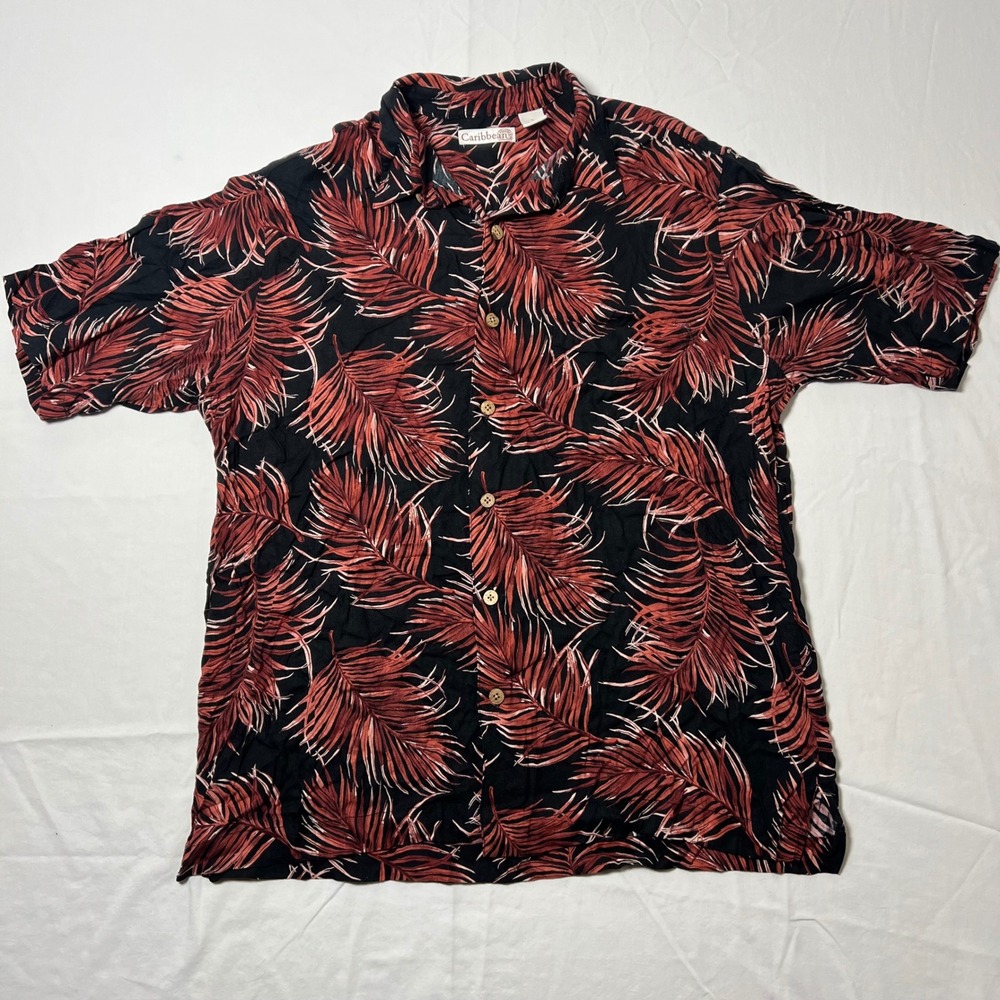 Caribbean Roundtree & Yorke Mens Large Rayon Palm Leaf Tropical Button Down